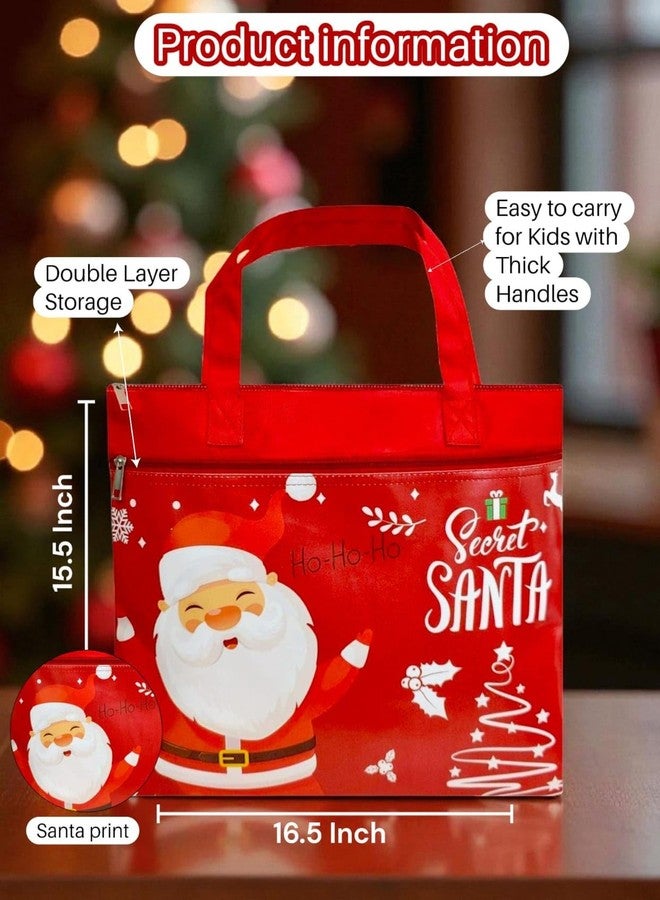 تارا13 حقيبة تسوق حمراء للأطفال من تيرا 13، حقيبة مستندات للمكتب والمدرسة بسحاب مزدوج، حقيبة سفر قابلة لإعادة الاستخدام مزينة بطبعة سانتا، هدية مثالية للأطفال في موسم الأعياد، حقيبة حمل صديقة للبيئة - Image 2